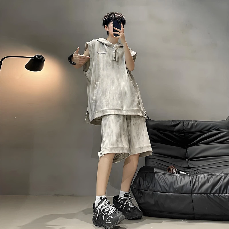 废土风连帽无袖背心短裤套装男生酷帅穿搭一整套亨利领短袖polo衫