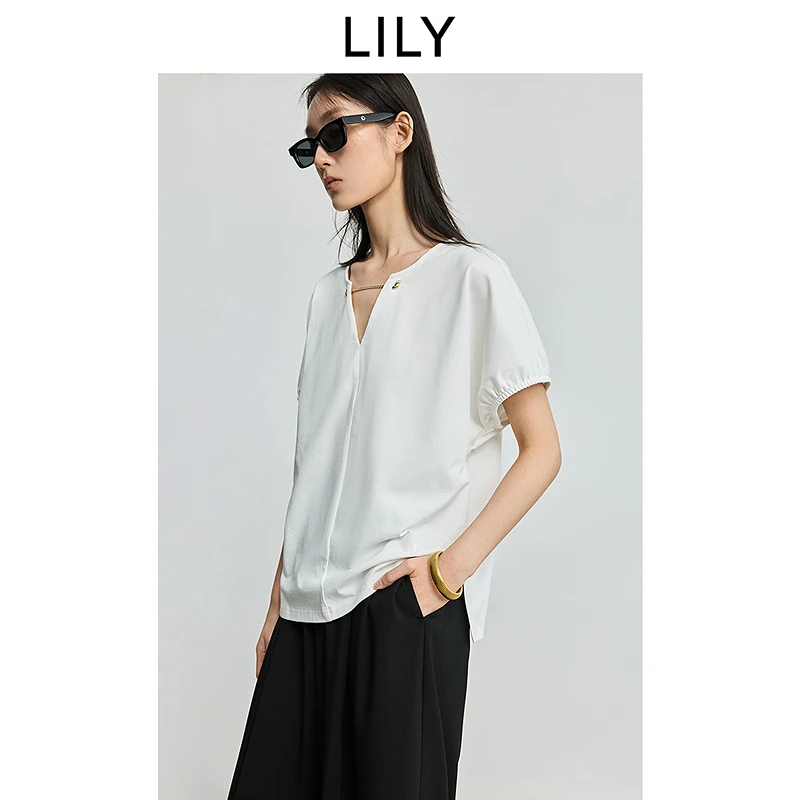LILY2025夏新款女装法式气质白色短袖T恤125219VT914