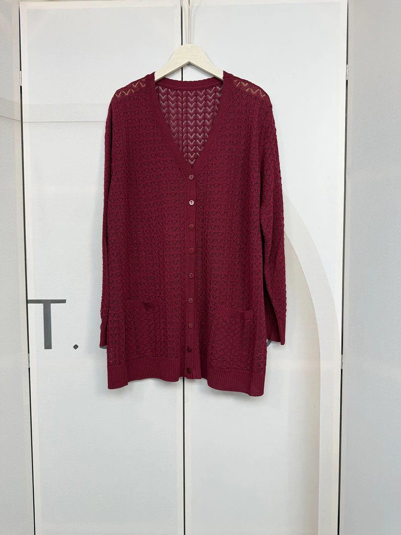 190针织冰丝衫上衣镂空绞花百搭针织衫红色开衫气质时尚（长款）