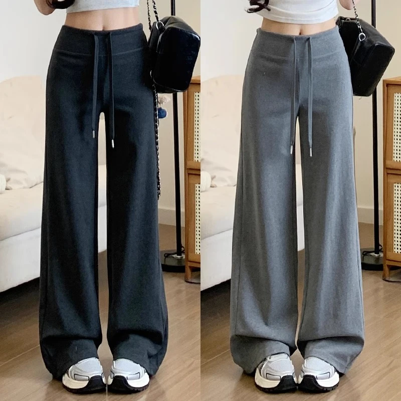 灰色阔腿裤女春秋2025新款高腰显瘦小个子冬季加绒休闲直筒卫裤子