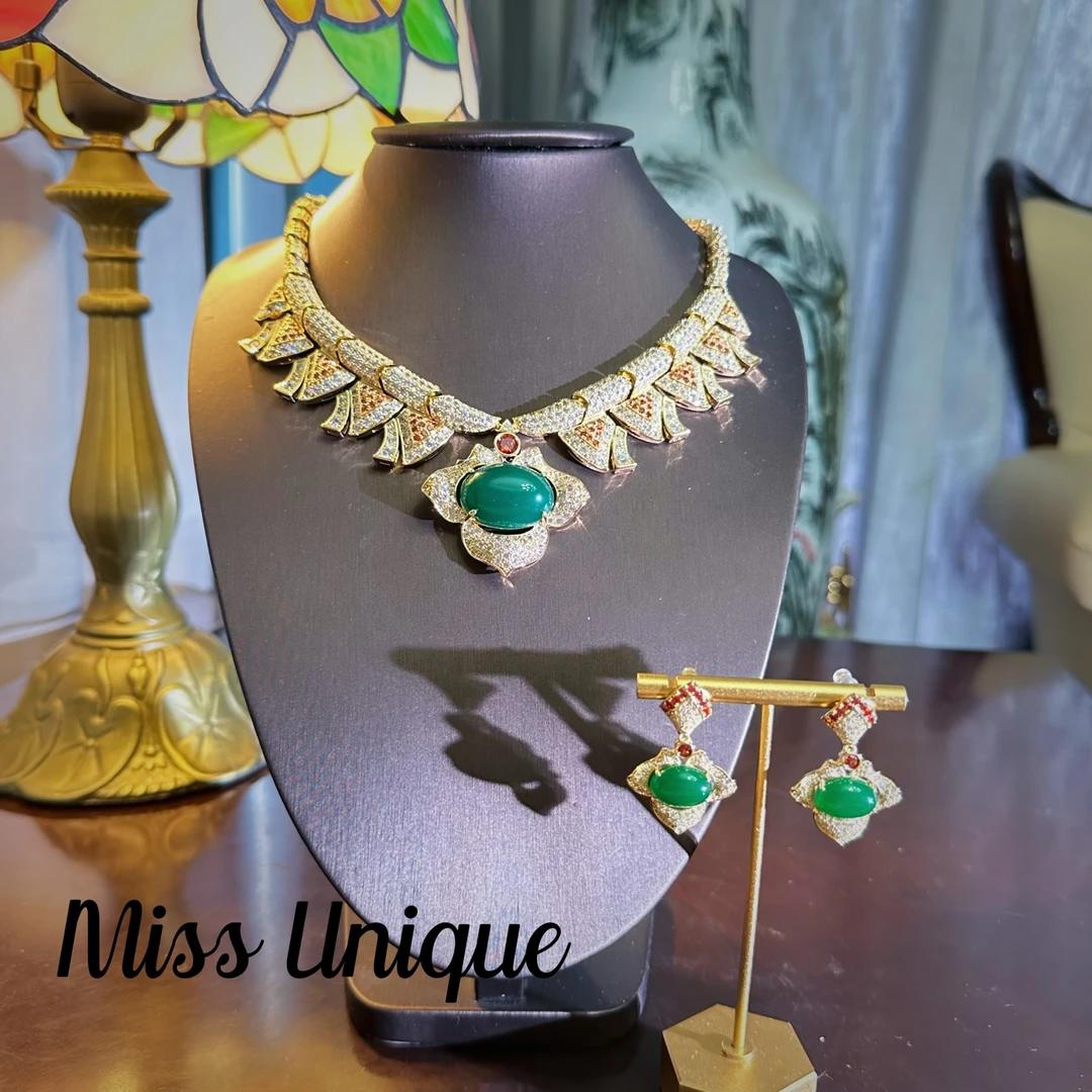 S6001外贸绿色椭圆三瓣花项链套装