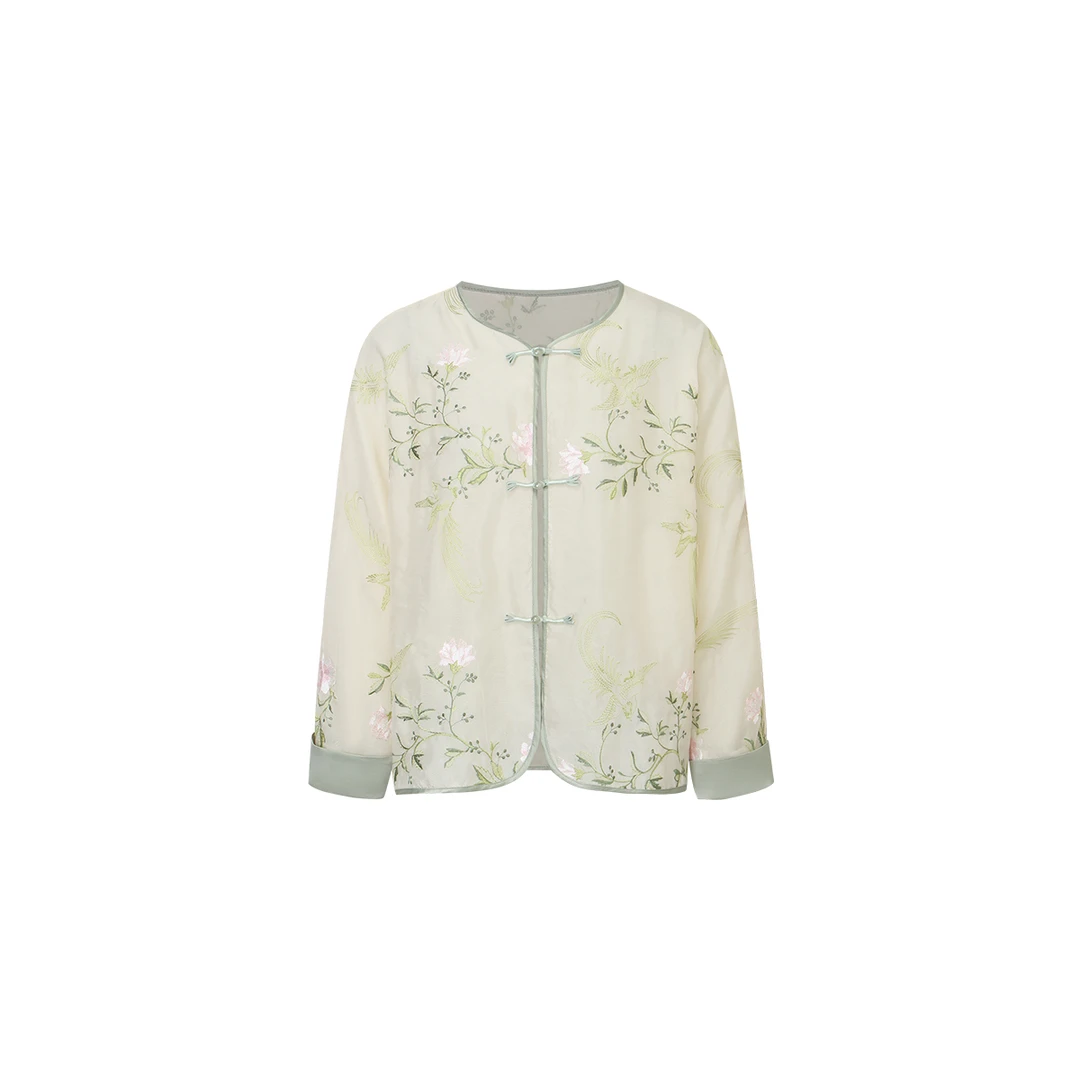 【黛青山】暮云沙刺绣新中式青绿色撞色包边圆领小外套W24BE7076