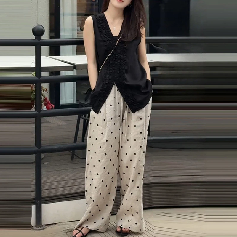 休闲风背心夏季阔腿裤短袖高腰吊带波点时尚套装女生韩系ins衣服