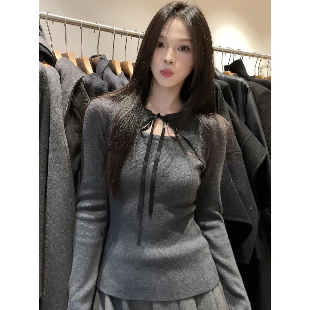 毛衣女款爆款2025新款洋气韩系漂亮白色系带针织打底衫女秋冬内搭