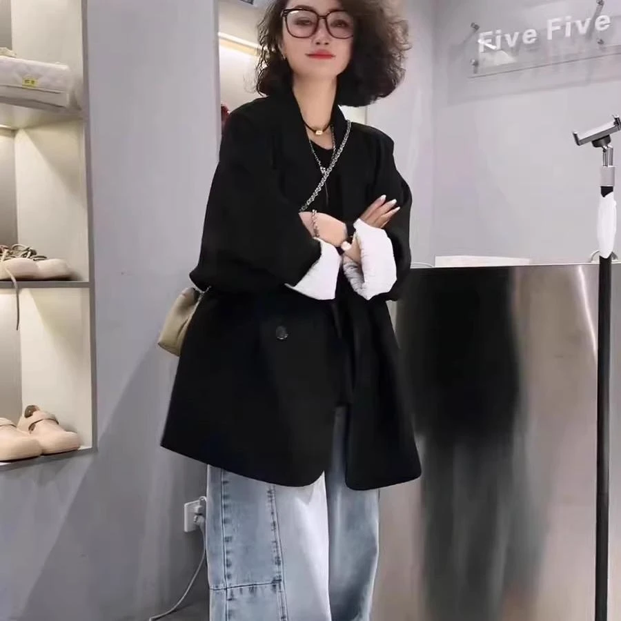 欧货气质休闲西装外套女2025年春秋新款宽松时尚中长款双排扣西服