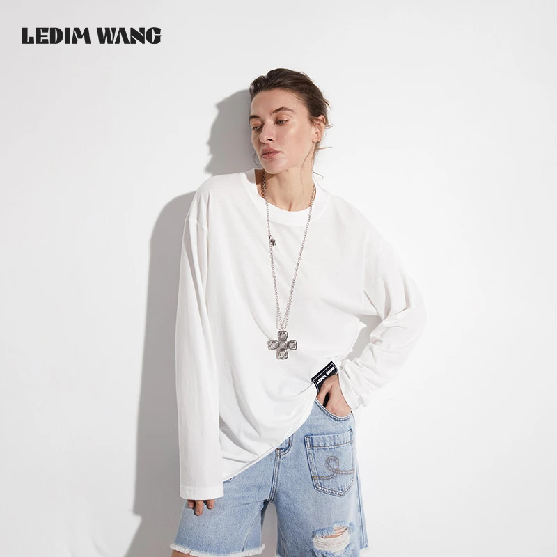 LEDIM WANG 捏褶素白长袖T恤女2025春夏新款宽松百搭薄款长袖上衣