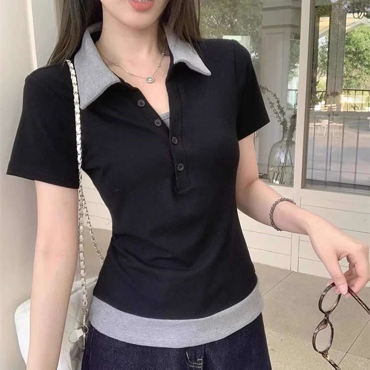 胖MM大码女装修身掐腰上衣2025新款韩系假两件翻领短袖正肩t恤潮