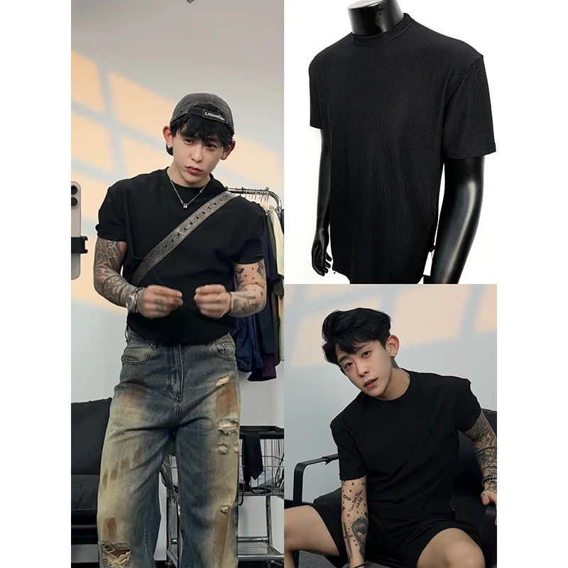 新版口粮T精熟肌理激光雕刻透气网眼潮流短袖T恤男t冰丝上衣