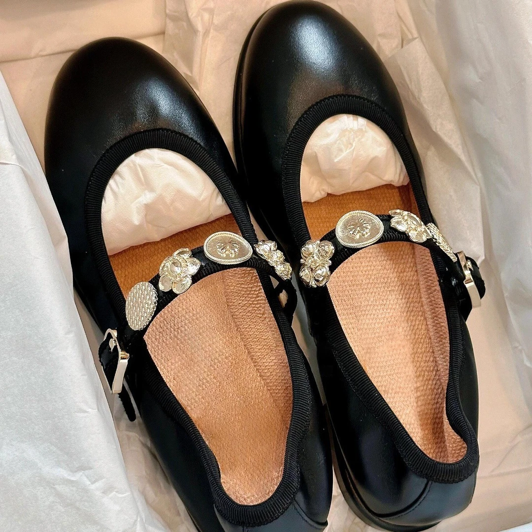 小香风真皮芭蕾鞋子软底玛丽珍单鞋女小金扣底鞋小皮鞋