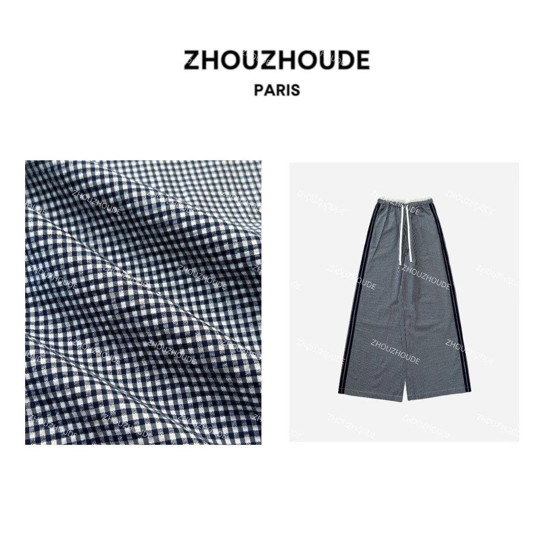 ZHOUZHOUDE【洋裁格纹】垂感拖地撞色蕾丝花边宽松休闲阔腿裤