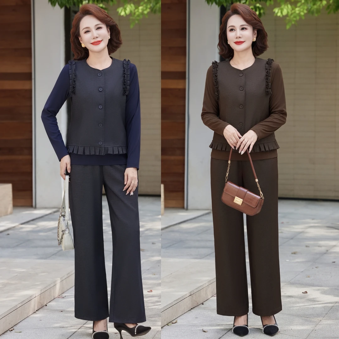 妈妈秋装2025新款套装中老年春秋马甲外套洋气女打底衫三件套气质
