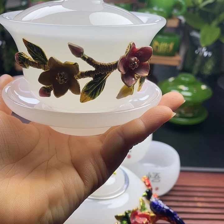 琉璃手工艺品玉瓷琉璃珐琅彩镶嵌盖碗白