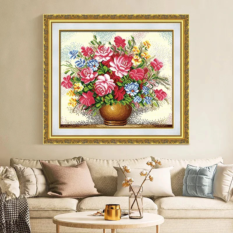 纯手工绣好的十字绣成品粉红玫瑰花装饰画