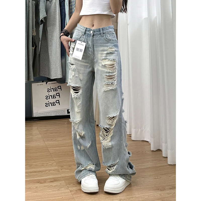 大码美式破洞水洗直筒牛仔裤女夏季高腰宽松街头做旧设计感乞丐裤