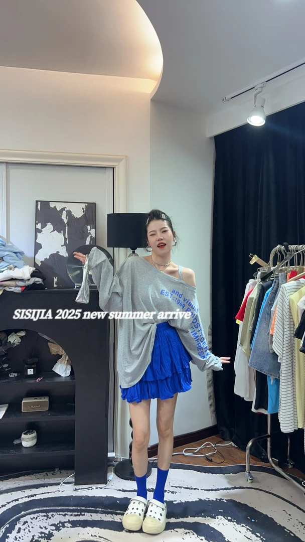 宽松型条纹印花长袖防晒拼接T恤时尚蓝色Y3K芭蕾风夏季休闲