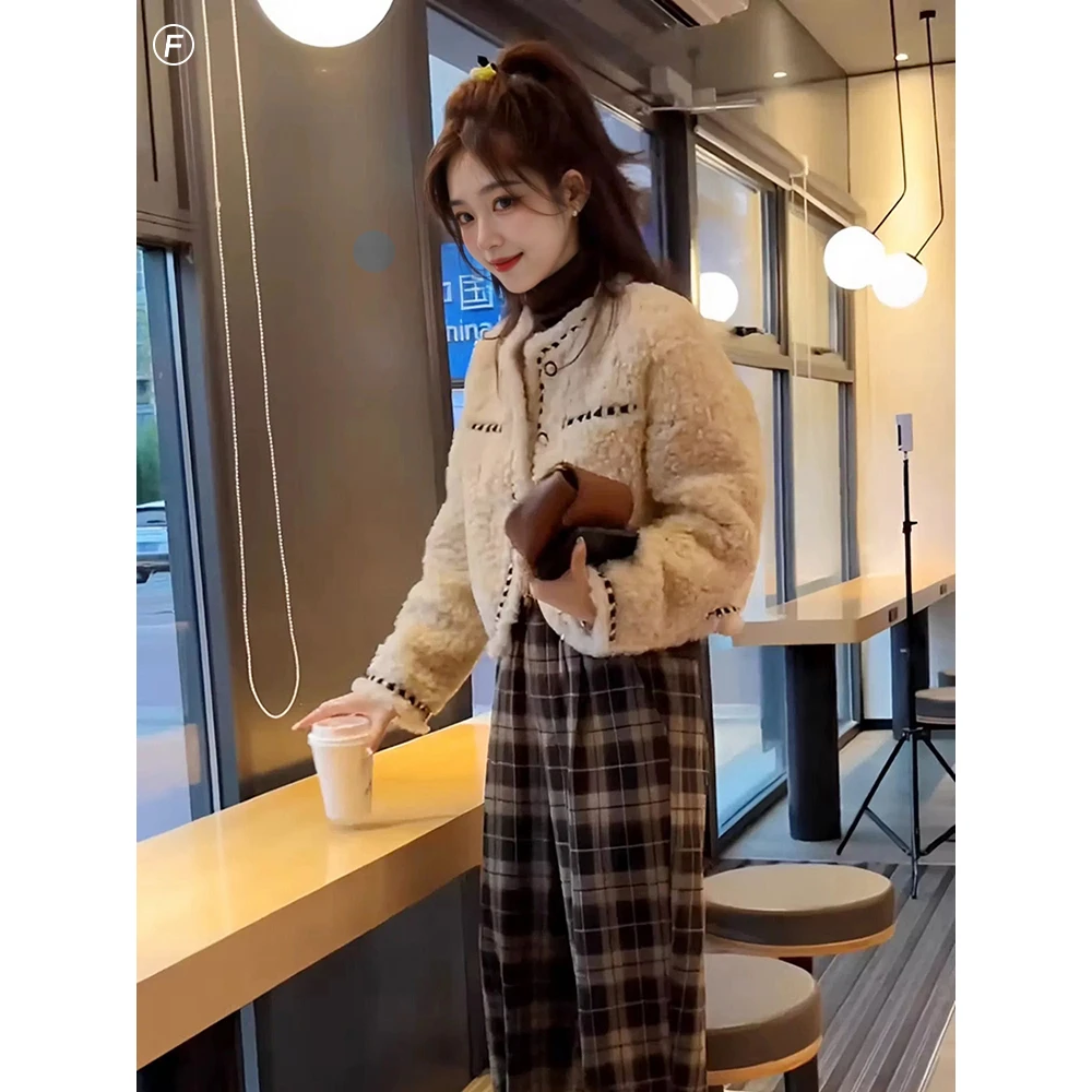 气质名媛小香风仿羊羔毛外套格子裤套装JYFSSJ23120 812318