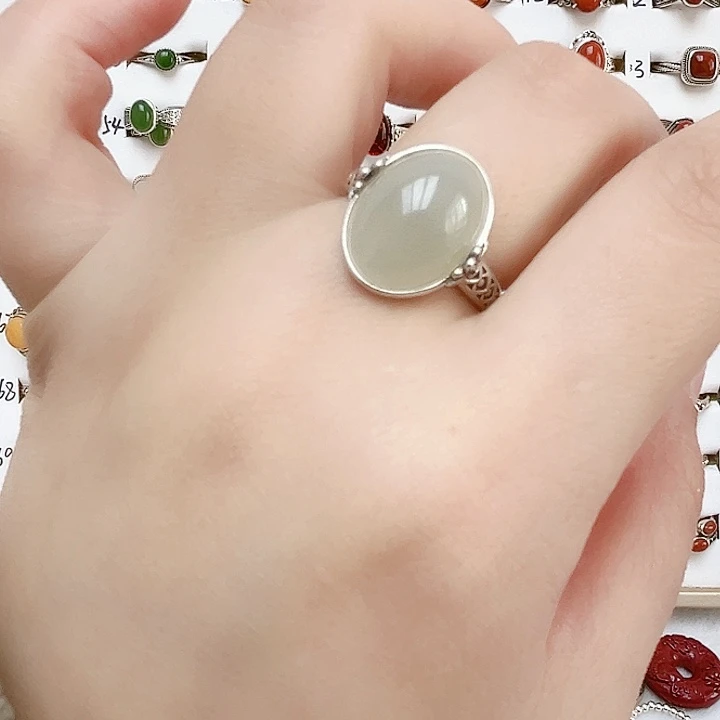 和田玉戒指银S925镶嵌天然