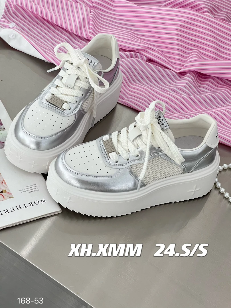 168-53小个子透网圆头厚底小白鞋女2025夏新款系带休闲板鞋