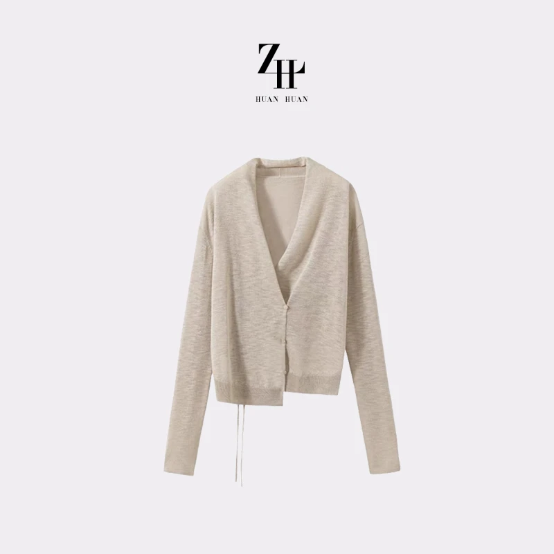 【ZH】定制纱线 交叠式V领裹身式系带长袖针织衫NU25126