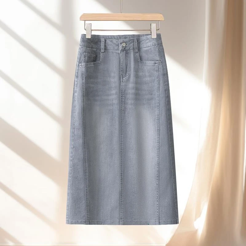 莫兰迪灰牛仔半身裙女夏薄款2025新款高腰显瘦开叉一步a字直筒裙