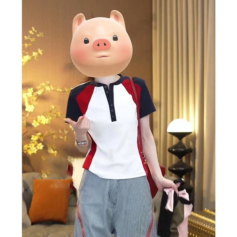 撞色修身T恤显瘦2025年夏季新款美式拼接短袖上衣圆领设计感女装