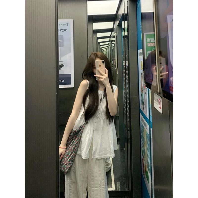 INS CEC夏日穿搭套装重工压褶衬衫背心时尚慵懒直筒阔腿裤休闲裤