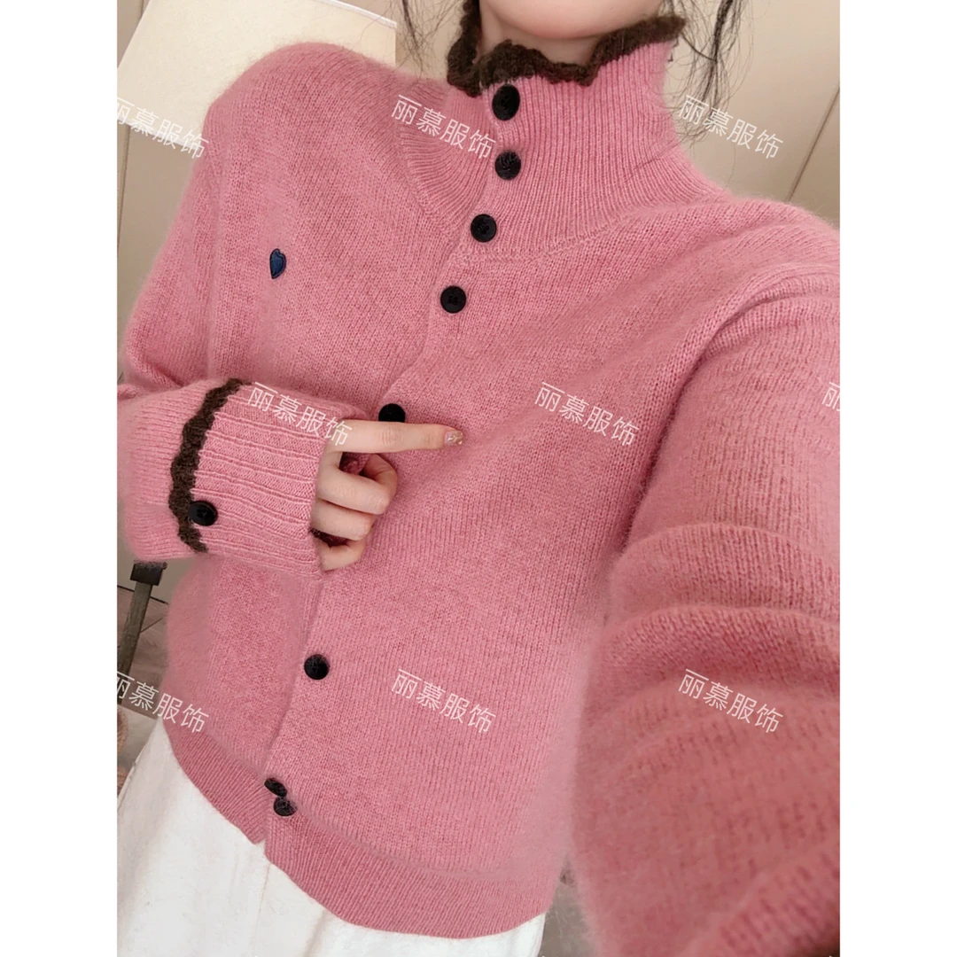 【温情】小爱心翻袖高领针织开衫女冬季保暖长袖毛衣2533