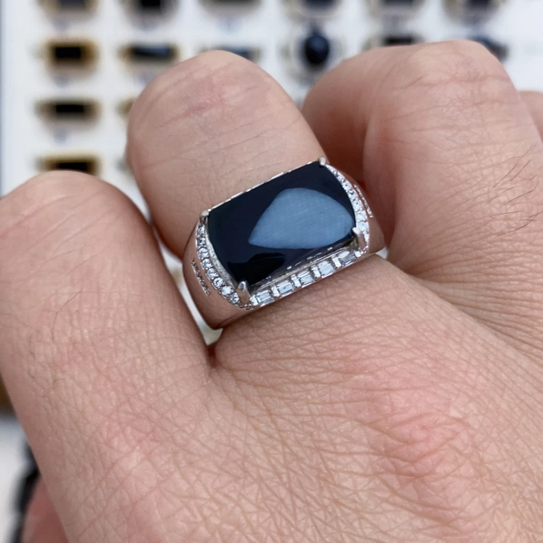 翡翠银S925镶嵌戒指墨翠戒指