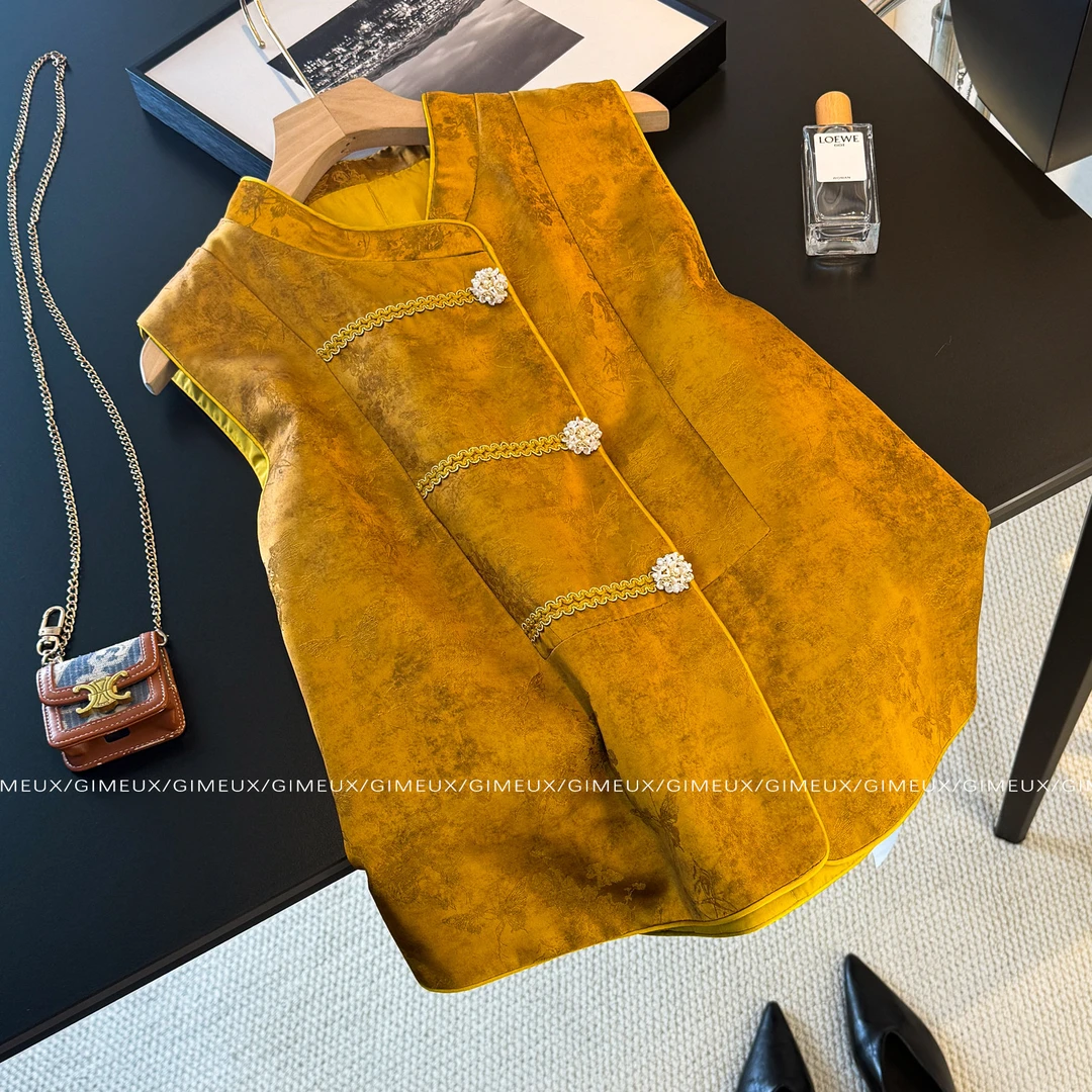 新中式复古气质夹棉马甲女秋冬款外穿盘扣提花坎肩高级感国风背心