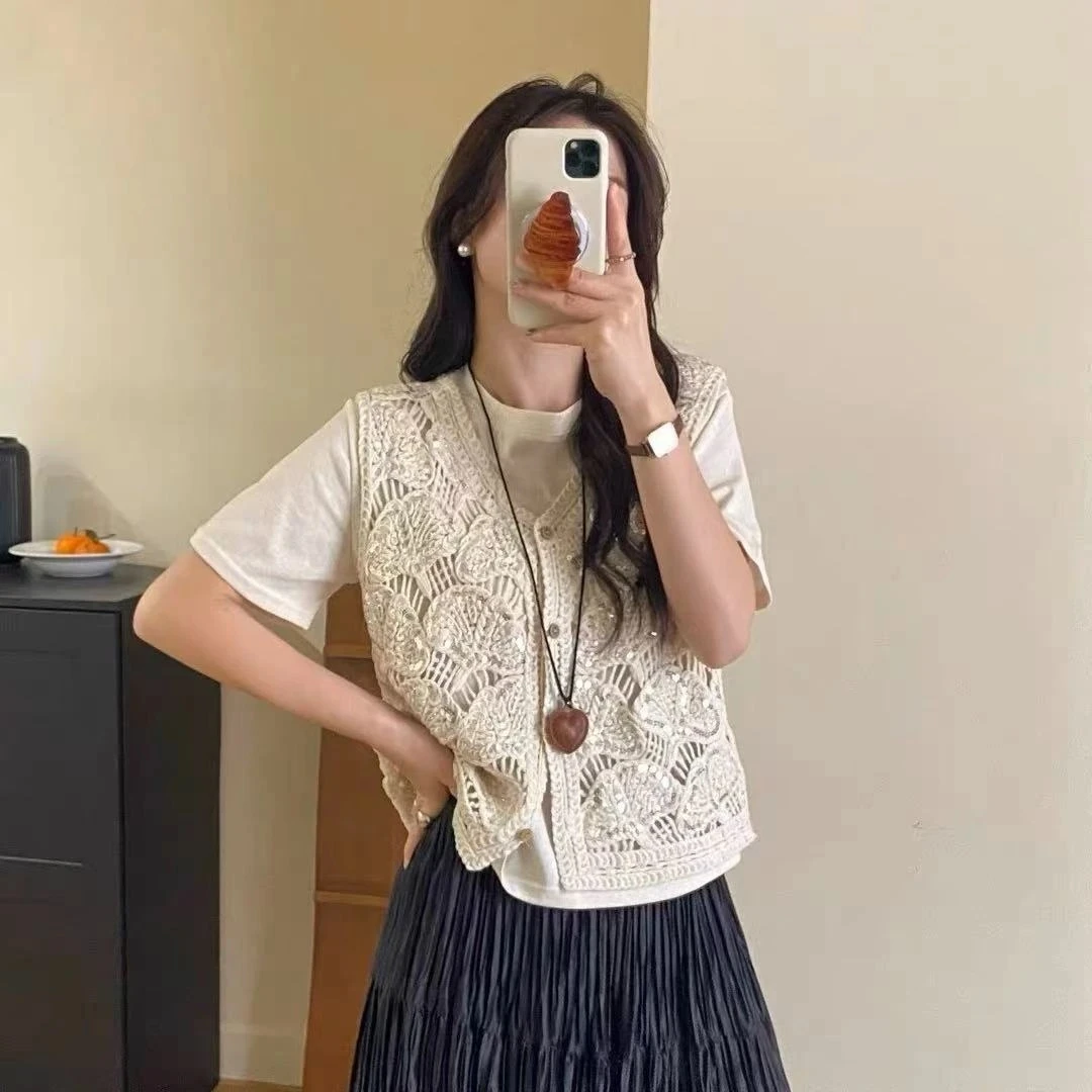 2025夏季法式重工镂空钩花亮片针织女内搭上衣+无袖披肩镂空衫女