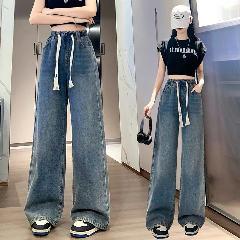 牛仔裤子少女春夏装2025新款初中高中学生薄款大童松紧腰阔腿长裤
