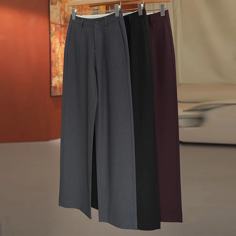 天丝棉羊毛窄版直筒裤女灰色秋冬新款休闲裤时尚百搭舒适阔腿裤子