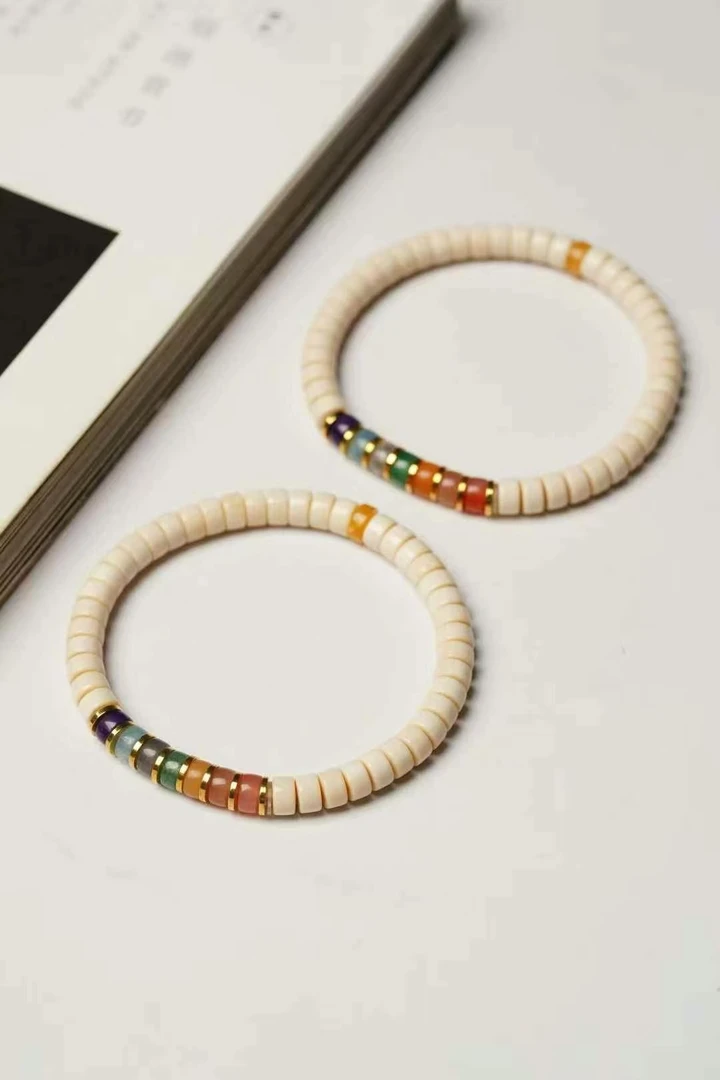 合金手链 天然猛犸雕刻药片手串首饰百搭串珠小众手绳手饰彩色