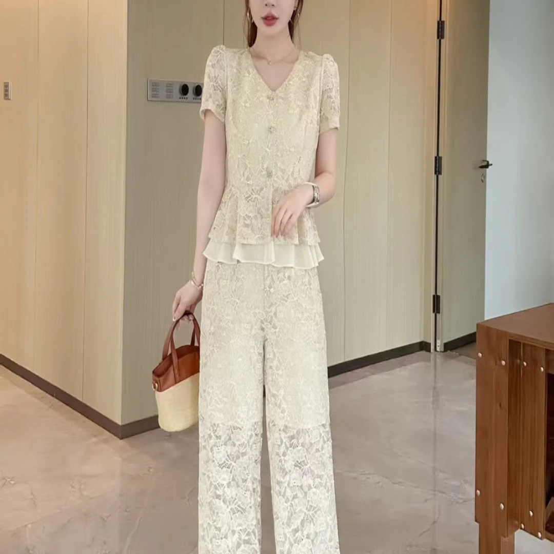 2025新早秋款法国蕾丝提花时尚套装休闲女装修身显瘦洋气气质套装