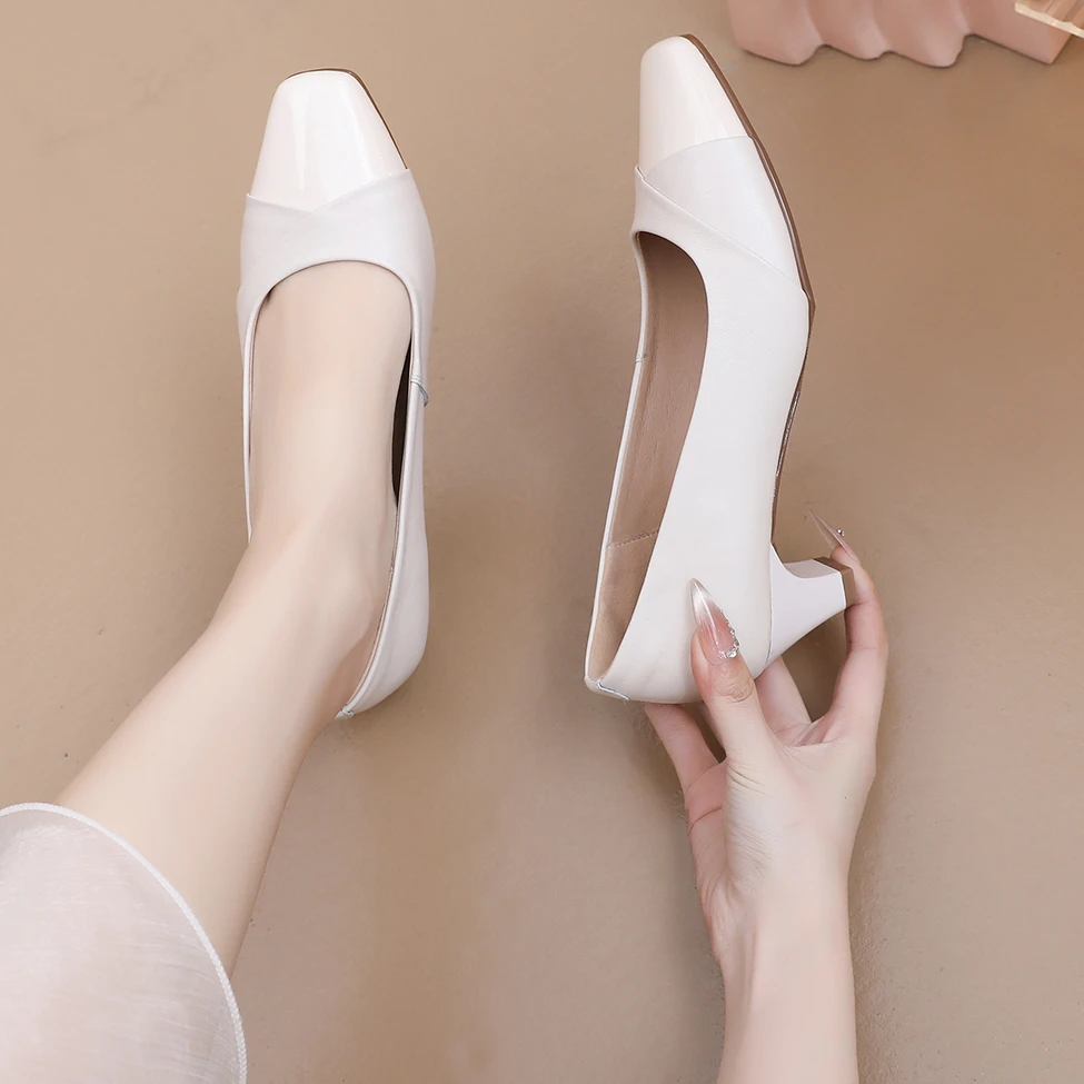 气质新款职业尖头工作鞋方头浅口软底真皮百搭单鞋皮鞋中跟鞋小码