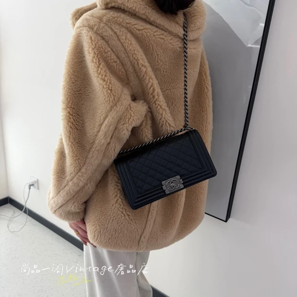 99新 Chanel/香奈儿 尚品一阁/leboy黑银荔枝皮中号单肩斜挎包g