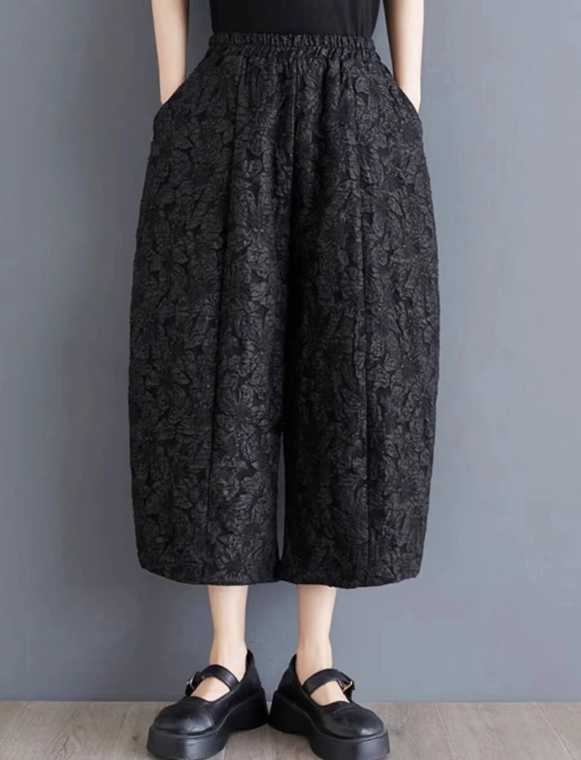 新中式九分裤阔腿裤女高级感提花给色高腰宽松休闲新款裤子