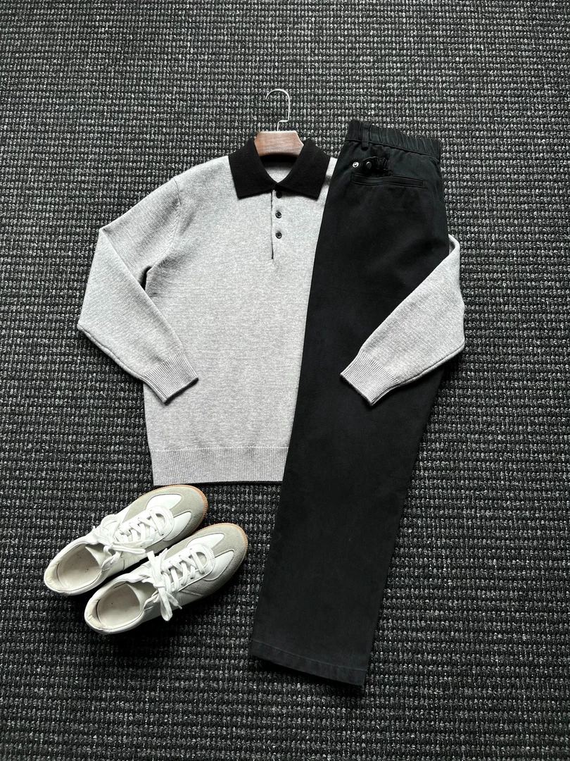 秋冬新款撞色翻领毛衣男士休闲时尚拼色针织衫长袖上衣翻领毛线衣