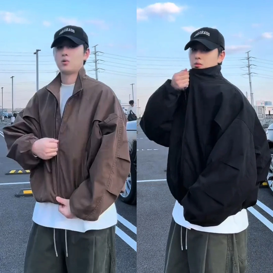 秋季潮牌美式弯刀袖立领夹克男士高级感廊形挺阔痞帅设计休闲外套