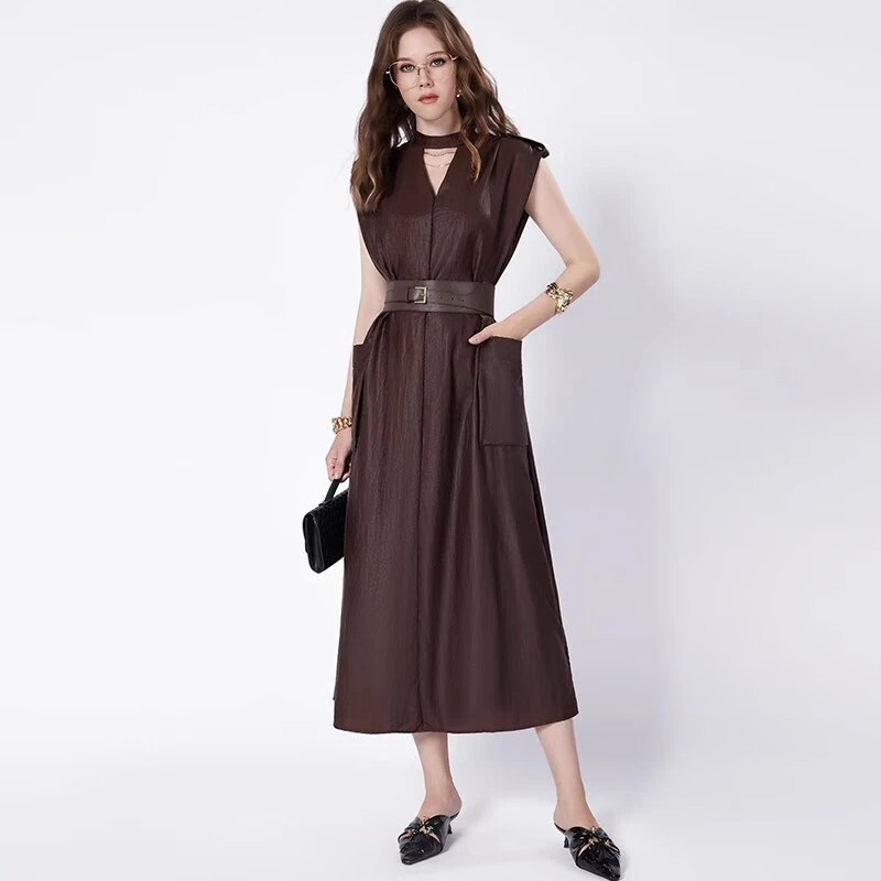 【七语专属】AUI咖色气质无袖连衣裙收腰长款直筒裙-25W019916