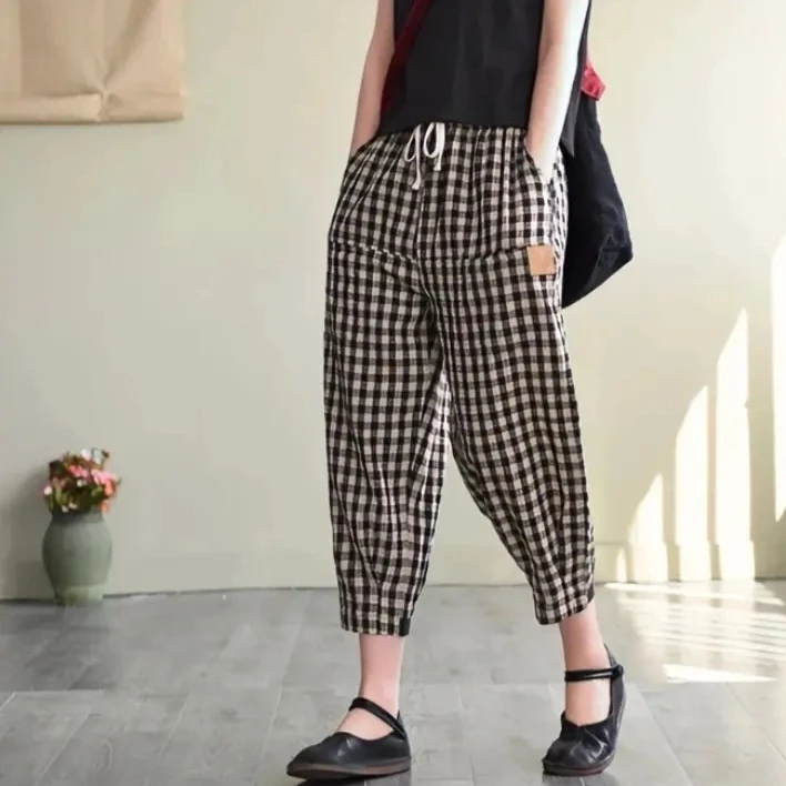 夏季新款棉麻格子裤女宽松大码显瘦哈伦裤休闲透气妈妈裤八分女裤