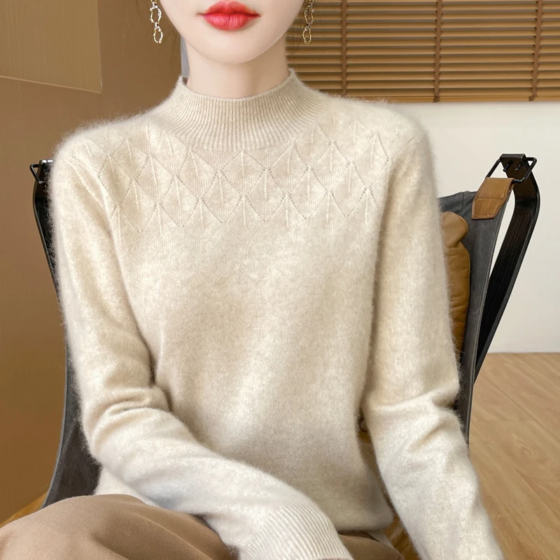 秋冬新款100纯羊绒衫女半高长袖纯色宽松套头毛衣羊绒针织打底衫