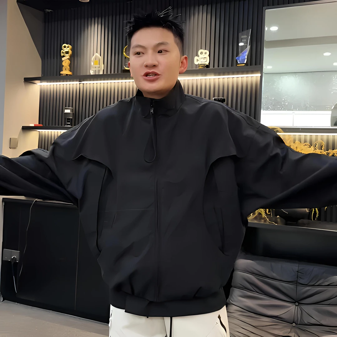 秋季美式蝙蝠袖圆弧裁剪休闲夹克男洋气网红同款高街感痞帅外套