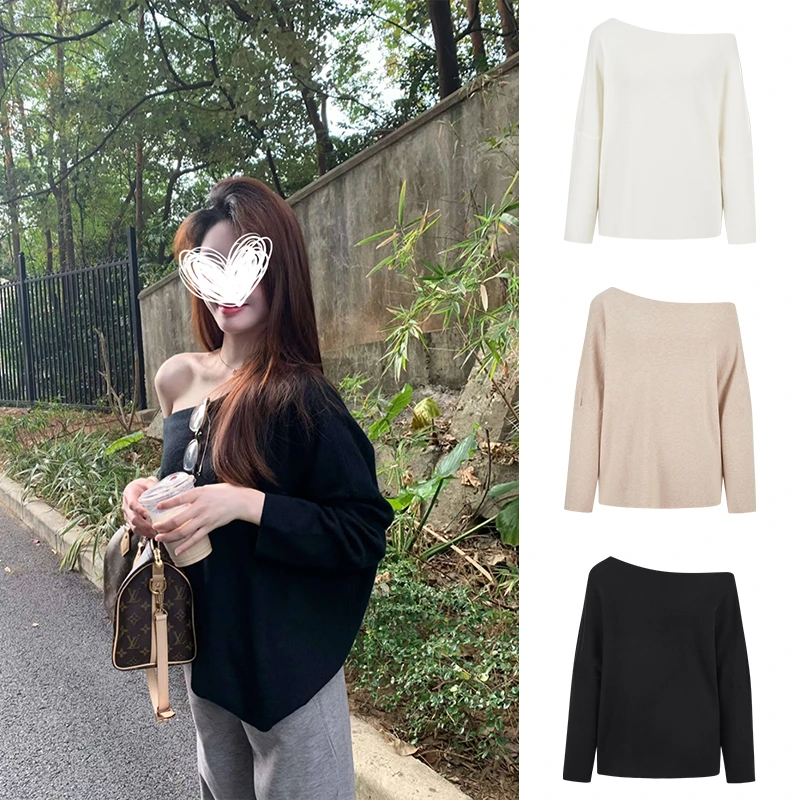Moses Queen/魔西女王慵懒露肩长袖针织衫女秋冬软糯斜肩上衣毛衣