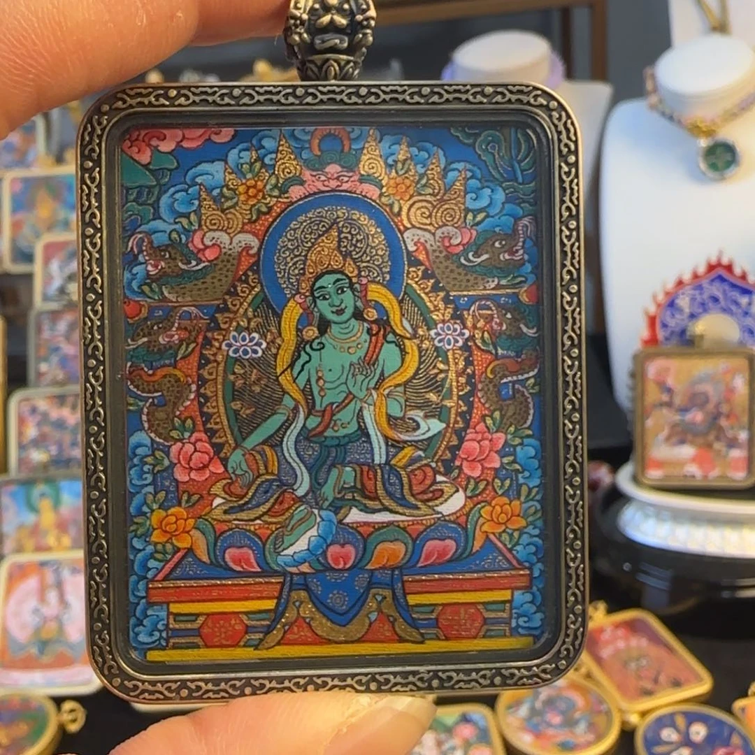 吊坠绿度母纯手绘热贡唐卡，