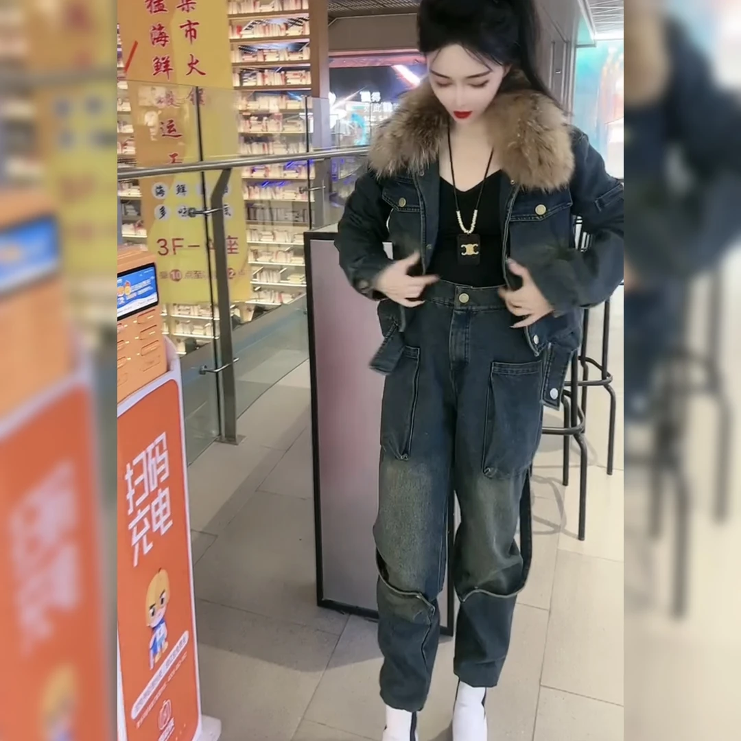 时尚套装设计师百搭派克服棉服时尚女装加绒毛领加厚