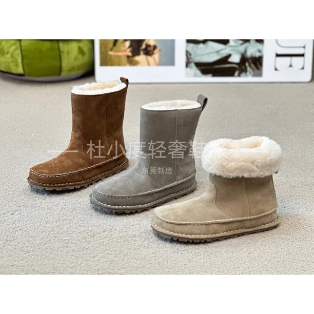 时尚百搭复古手缝勃肯冬季皮毛一体保暖加厚内增高平底中筒雪地靴