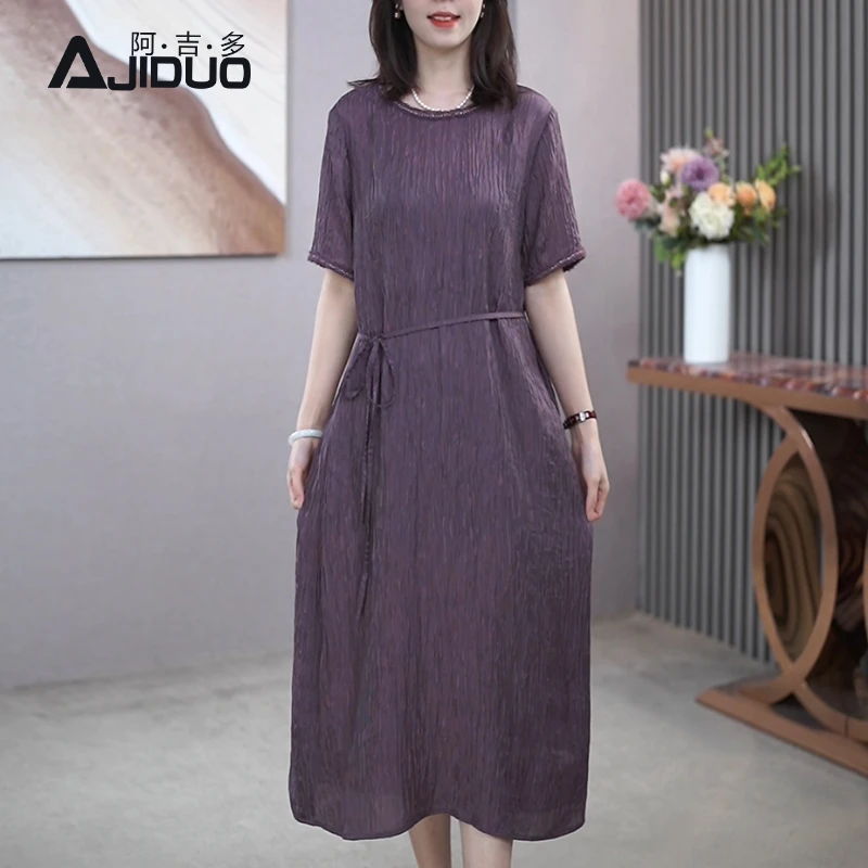 A22109阿吉多高贵紫色短袖连衣裙女夏季新款肌理感大码垂感长裙子