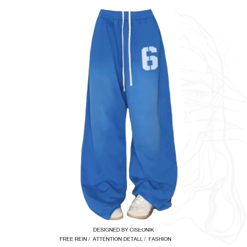 大码设计感美式复古字母印花休闲裤女2025夏高腰显瘦直筒运动卫裤