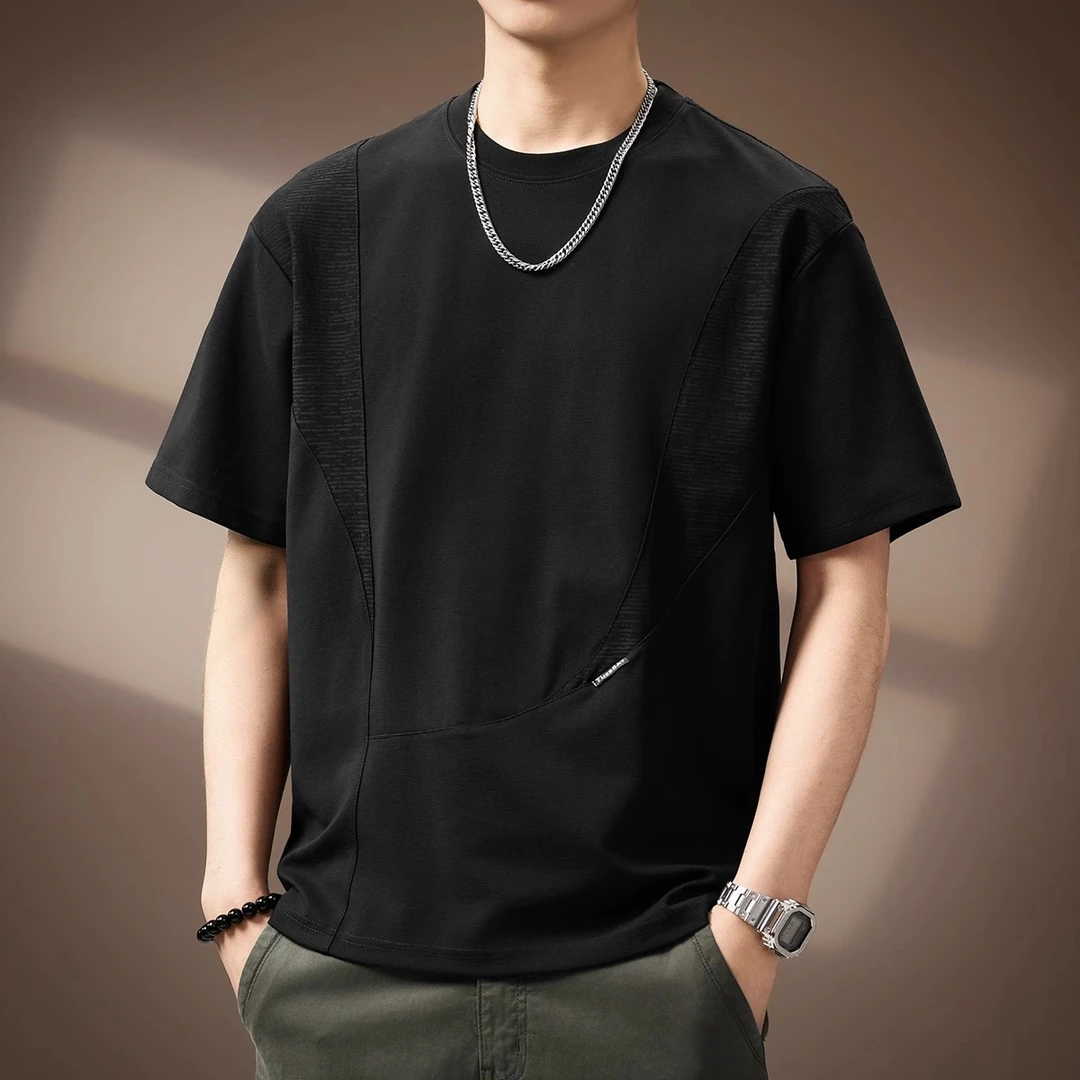 MR.MUDI/穆迪先生高端提花拼接云梯棉短袖T恤男夏季潮牌凉感透气